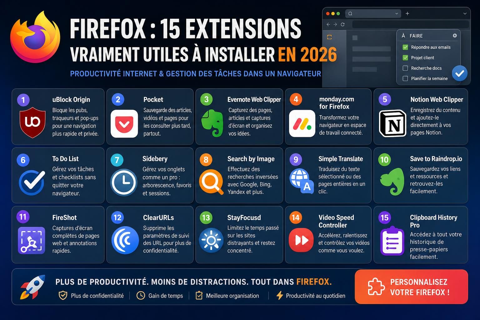 découvrez notre sélection des 15 extensions firefox indispensables à installer en 2026 pour optimiser votre navigation, améliorer votre productivité et sécuriser votre expérience en ligne.