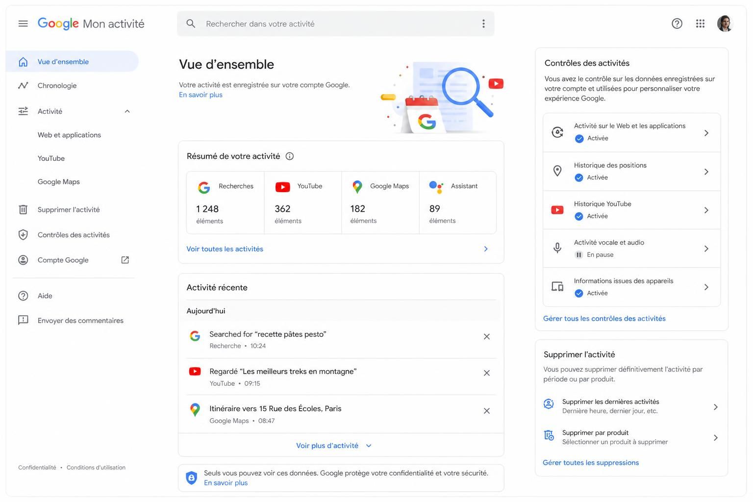 Google My Activity dashboard for managing history and privacy settings in 2026