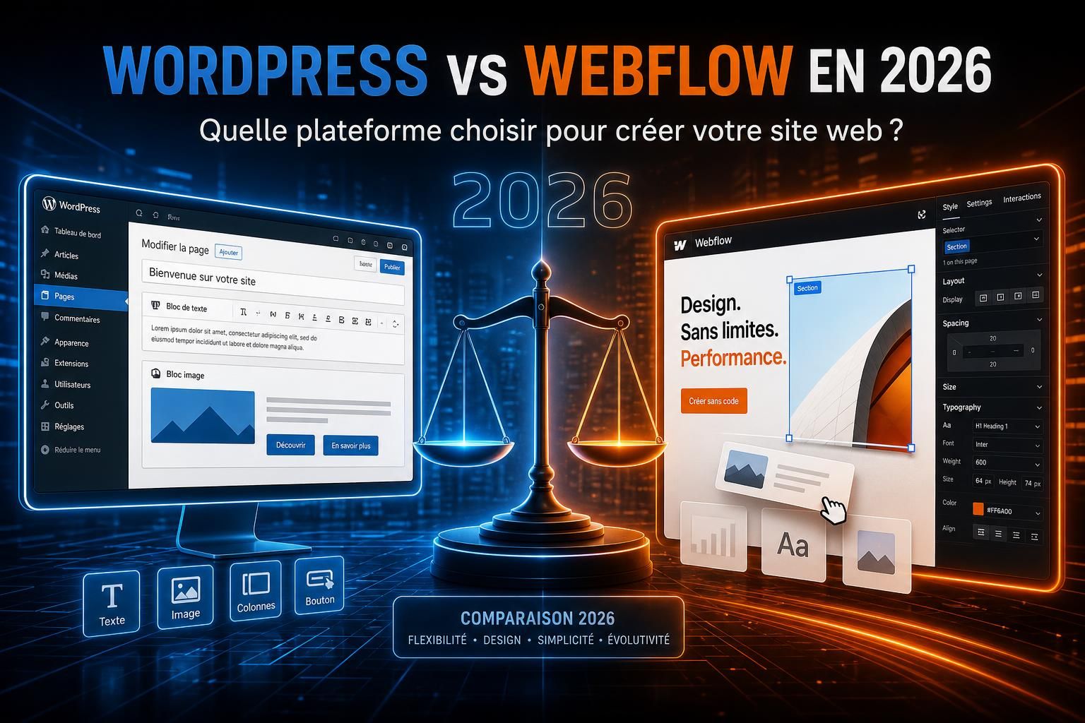 découvrez les différences entre wordpress et webflow pour créer votre site web en 2026. comparez fonctionnalités, facilité d'utilisation et tarifs pour faire le meilleur choix.