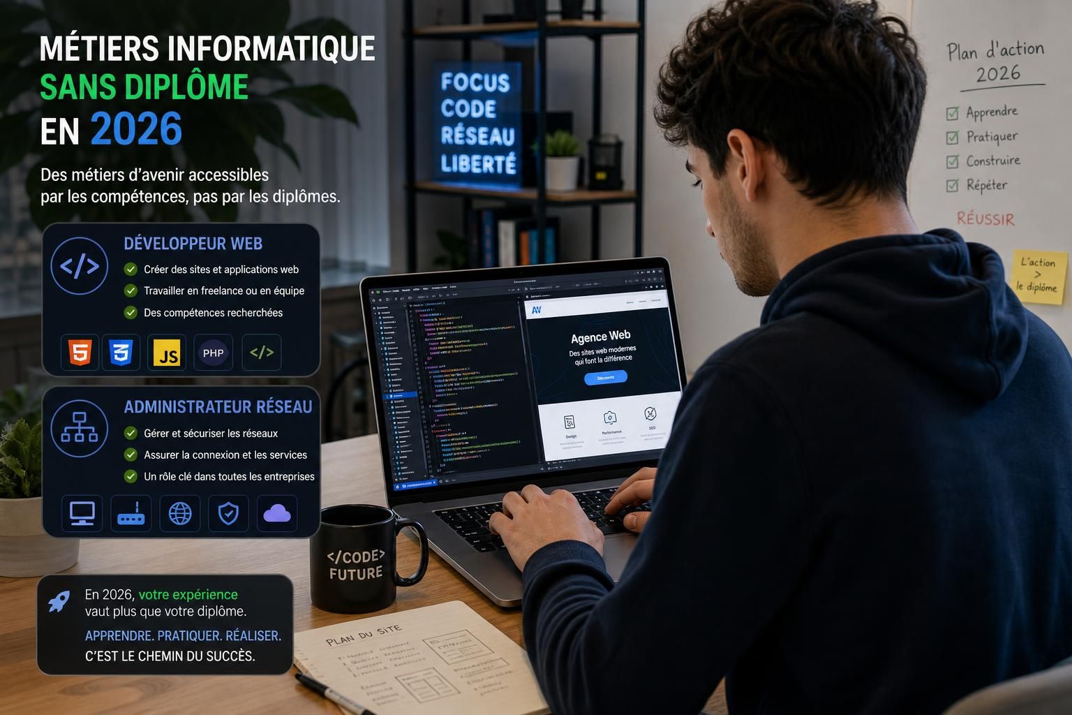 découvrez 10 métiers de l'informatique accessibles sans diplôme et leurs salaires prévus en 2026 pour bien orienter votre carrière.